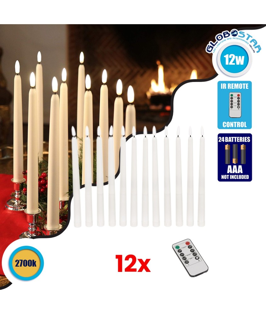 GloboStar® 79564 ΣΕΤ 12 Διακοσμητικών Realistic Κεριών Κηροπηγίου με LED Εφέ Κινούμενης Φλόγας - Μπαταρίας & Ασύρματο Χειριστήριο IR Θερμό Λευκό 2700K Dimmable